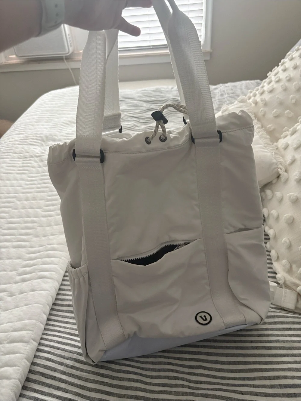 Vuori convertible White Drawstring Tote Bag with Front Pocket
